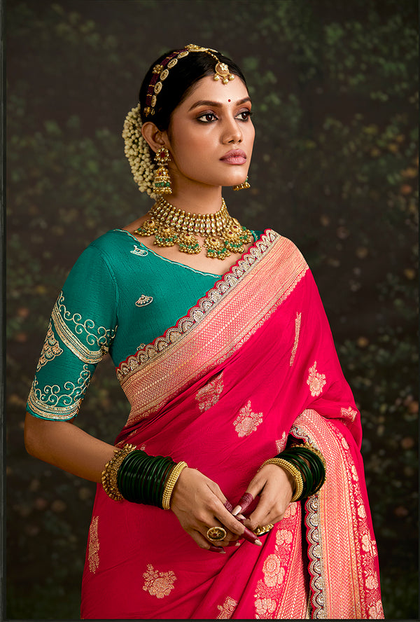 Monjolika Fashion Sequins Embroidered Border Work Dola Silk Crimson Reception Classic Saree