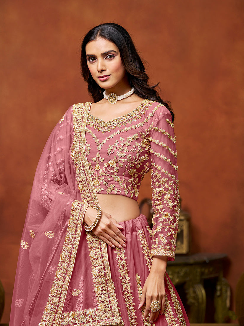 Monjolika Fashion Net Pink Embroidered Designer Lehenga Choli