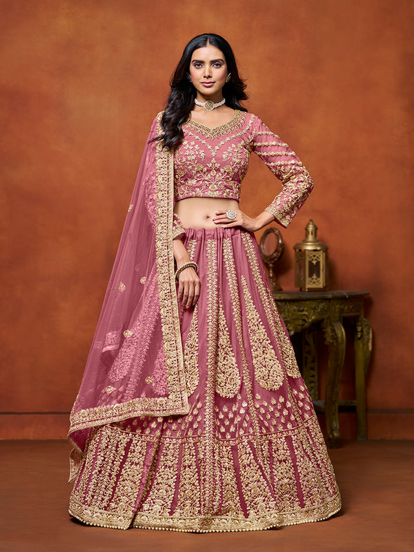 Monjolika Fashion Net Pink Embroidered Designer Lehenga Choli