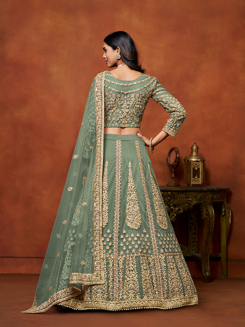 Monjolika Fashion Net Green Embroidered Designer Lehenga Choli