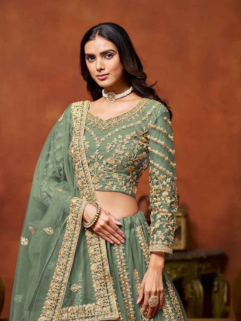 Monjolika Fashion Net Green Embroidered Designer Lehenga Choli
