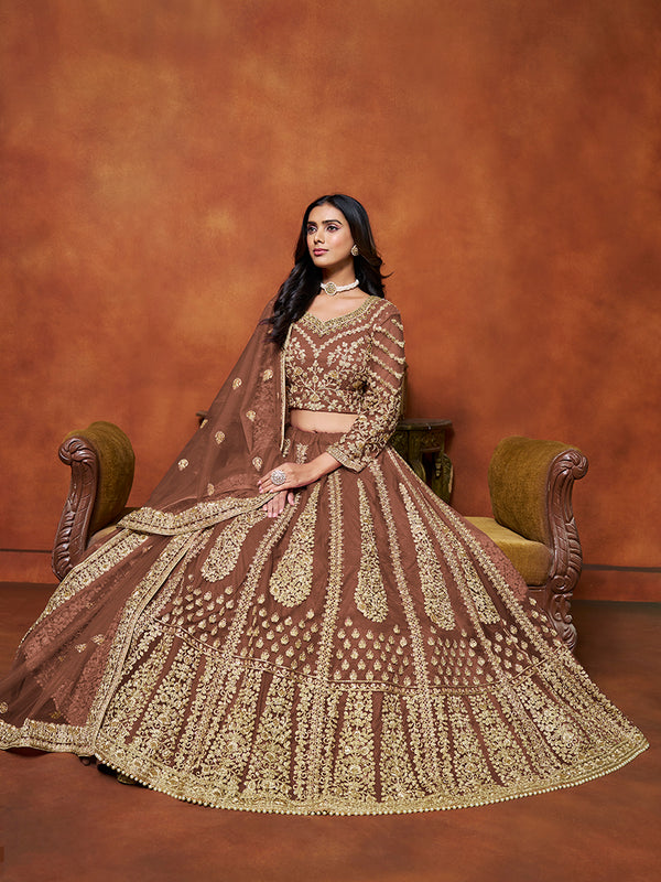 Monjolika Fashion Net Brown Embroidered Designer Lehenga Choli