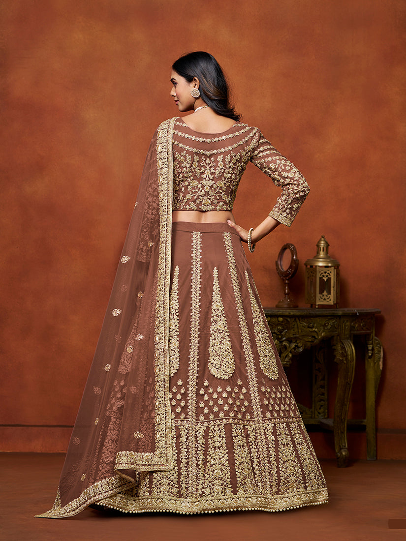 Monjolika Fashion Net Brown Embroidered Designer Lehenga Choli