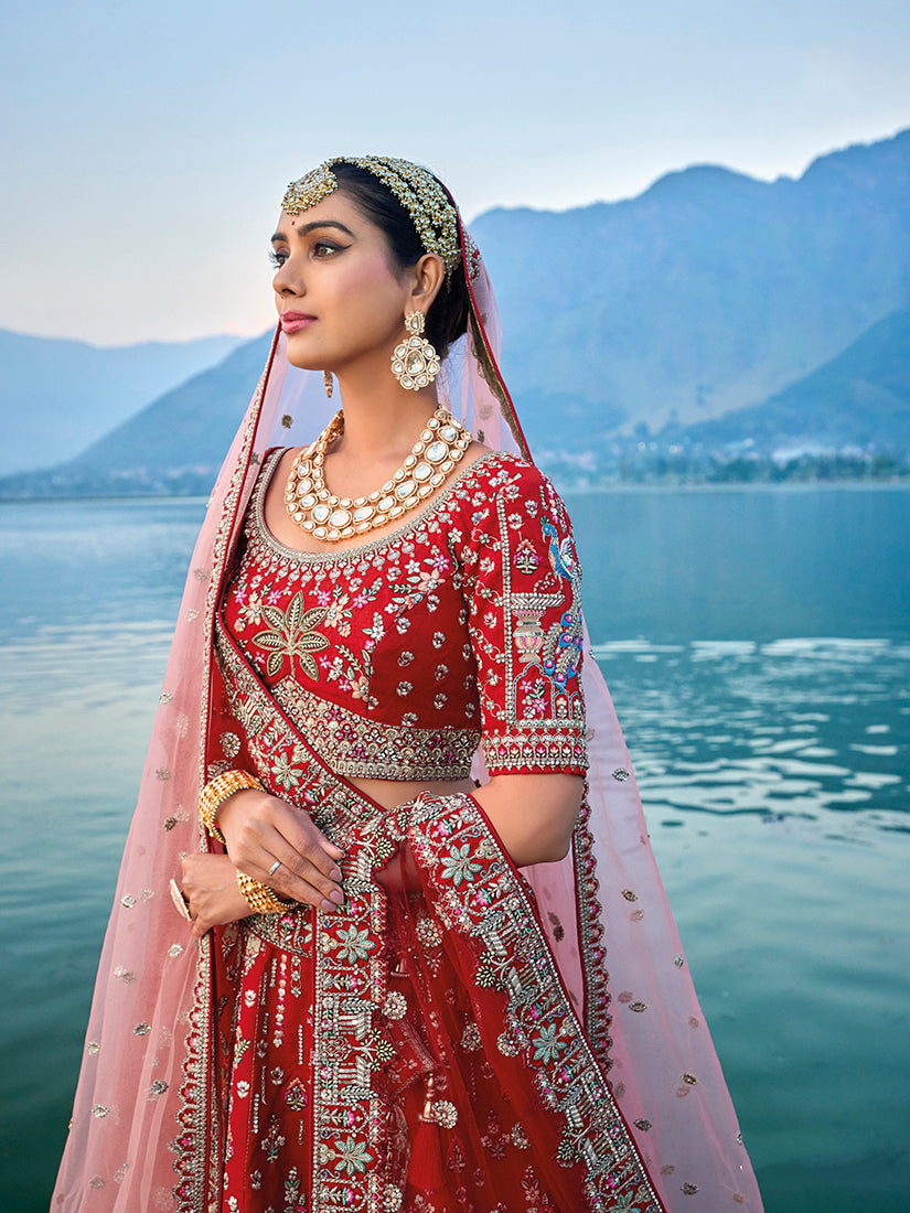 Monjolika Fashion Red Silk Embroidered Sequins Thread And Zari Work Bridal Trendy Lehenga Choli