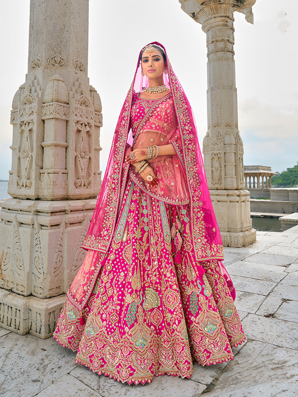 Monjolika Fashion Rani Pink Silk Embroidered Sequins Thread And Zari Work Bridal Trendy Lehenga Choli