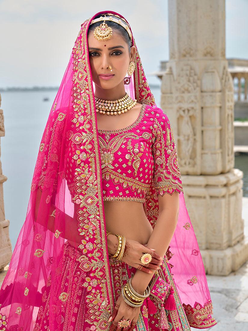 Monjolika Fashion Rani Pink Silk Embroidered Sequins Thread And Zari Work Bridal Trendy Lehenga Choli