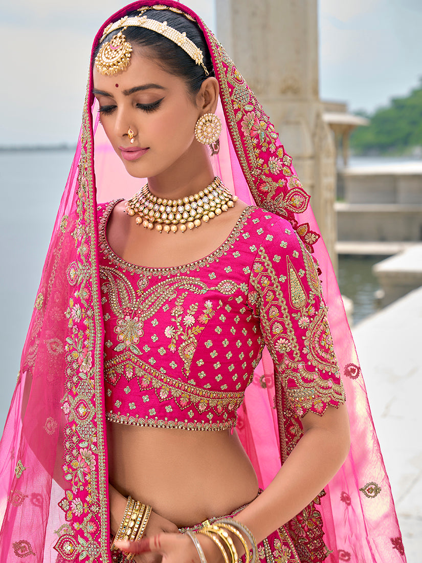 Monjolika Fashion Rani Pink Silk Embroidered Sequins Thread And Zari Work Bridal Trendy Lehenga Choli