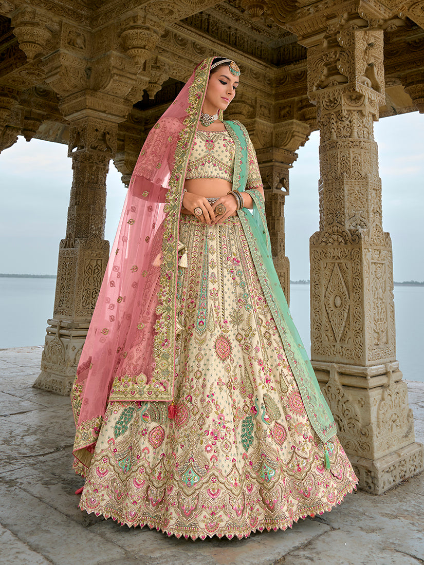Monjolika Fashion Cream Silk Embroidered Sequins Thread And Zari Work Bridal Trendy Lehenga Choli