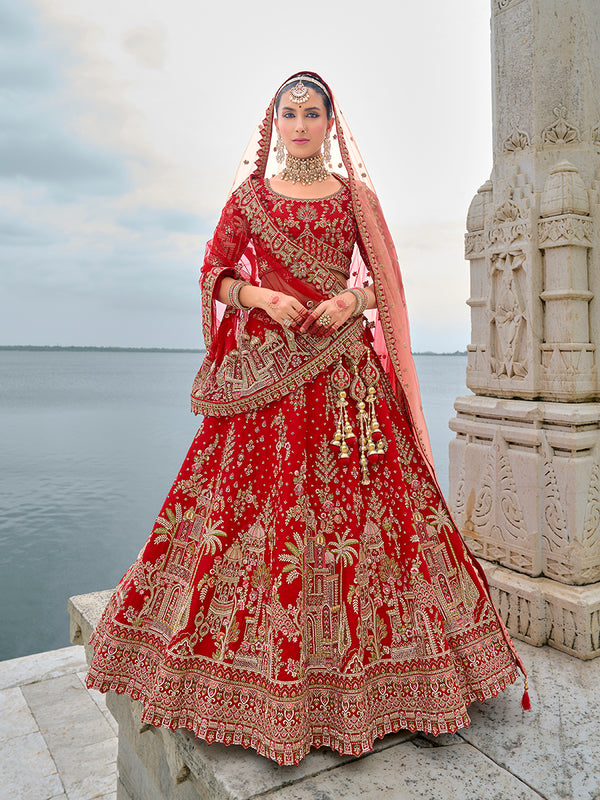 Monjolika Fashion Red Silk Embroidered Sequins Thread And Zari Work Bridal Trendy Lehenga Choli