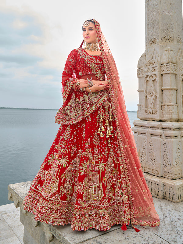 Monjolika Fashion Red Silk Embroidered Sequins Thread And Zari Work Bridal Trendy Lehenga Choli