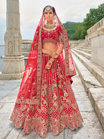 Thumbnail for Monjolika Fashion Red Silk Embroidered Sequins Thread And Zari Work Bridal Trendy Lehenga Choli
