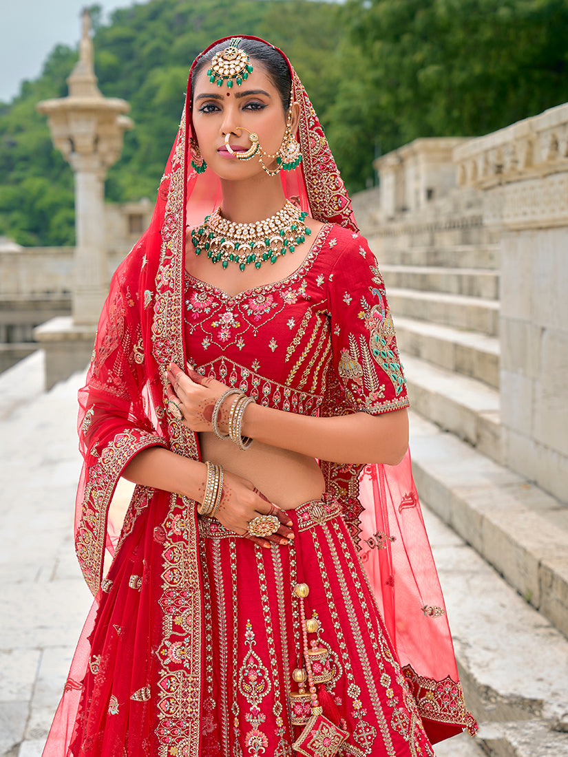 Monjolika Fashion Red Silk Embroidered Sequins Thread And Zari Work Bridal Trendy Lehenga Choli