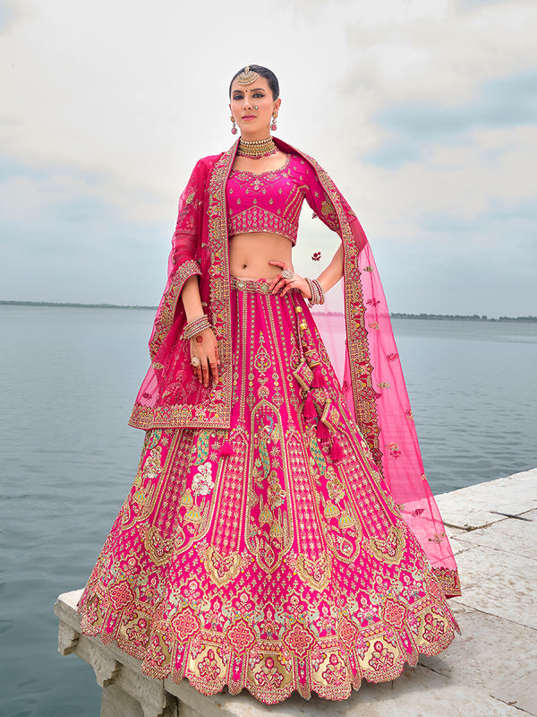 Monjolika Fashion Rani Pink Silk Embroidered Sequins Thread And Zari Work Bridal Trendy Lehenga Choli