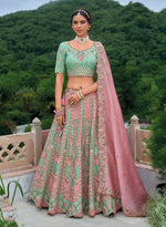 Thumbnail for Monjolika Fashion Silk Blend Embroidered Sequins Light Turquoise And Pink Designer Lehenga Choli