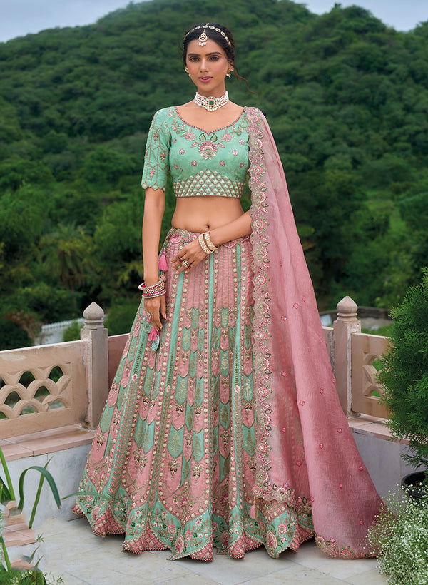Monjolika Fashion Silk Blend Embroidered Sequins Light Turquoise And Pink Designer Lehenga Choli