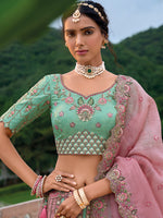 Thumbnail for Monjolika Fashion Silk Blend Embroidered Sequins Light Turquoise And Pink Designer Lehenga Choli