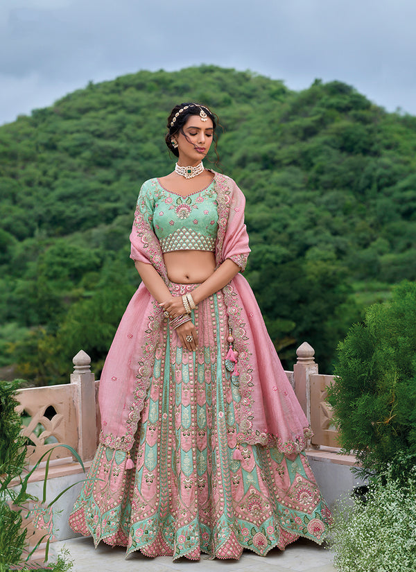 Monjolika Fashion Silk Blend Embroidered Sequins Light Turquoise And Pink Designer Lehenga Choli
