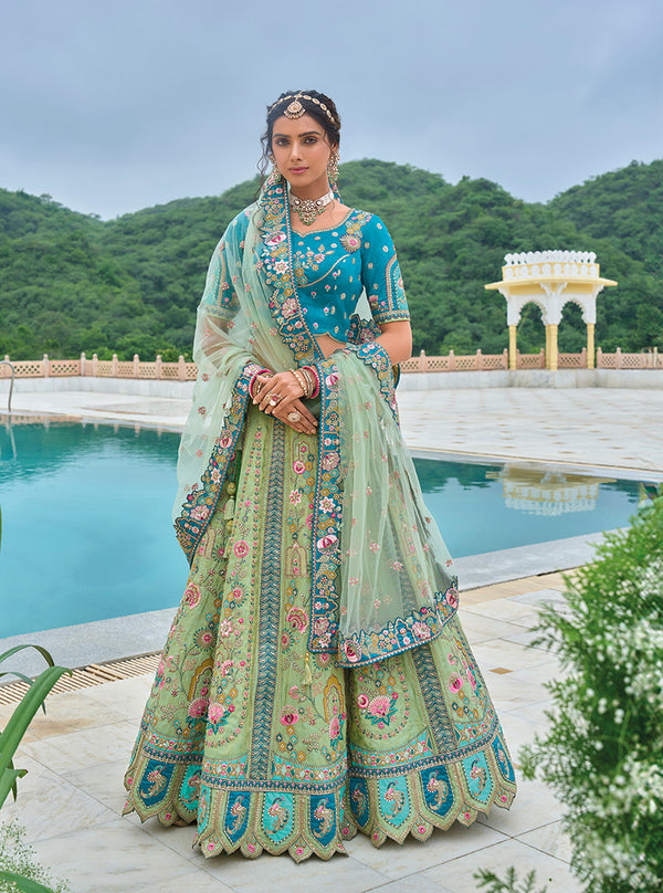 Monjolika Fashion Silk Blend Embroidered Sequins Sea Green And Turquoise Designer Lehenga Choli