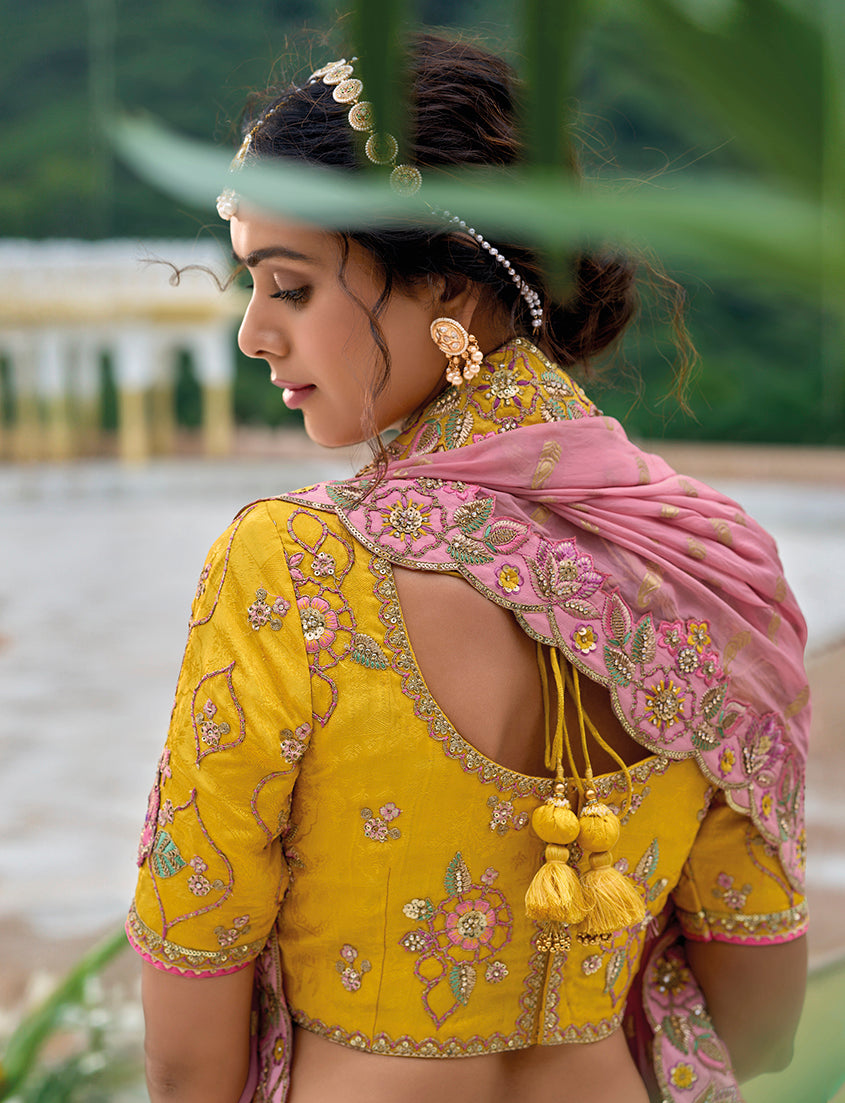 Monjolika Fashion Silk Blend Embroidered Sequins Yellow And Pink Designer Lehenga Choli