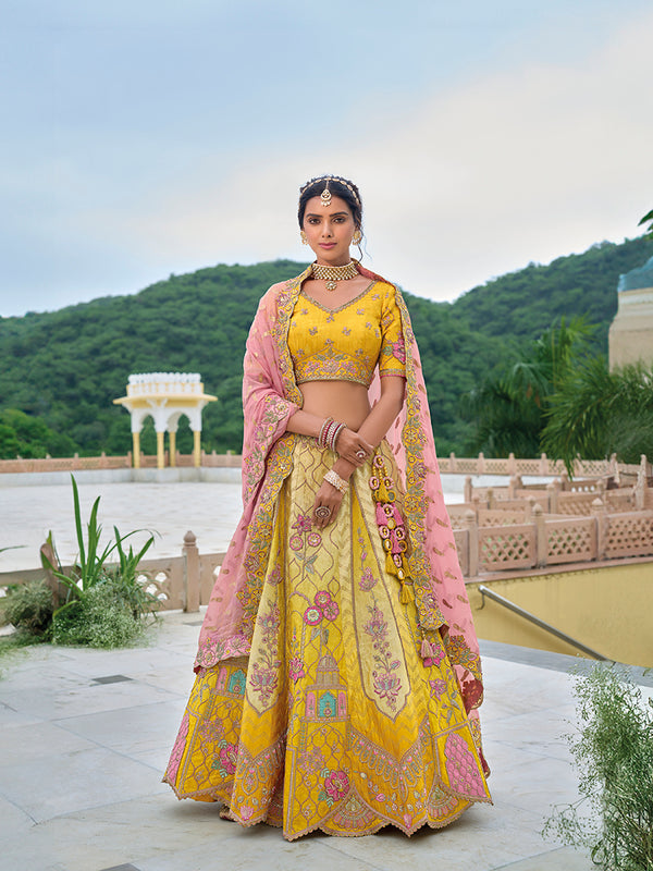 Monjolika Fashion Silk Blend Embroidered Sequins Yellow And Pink Designer Lehenga Choli