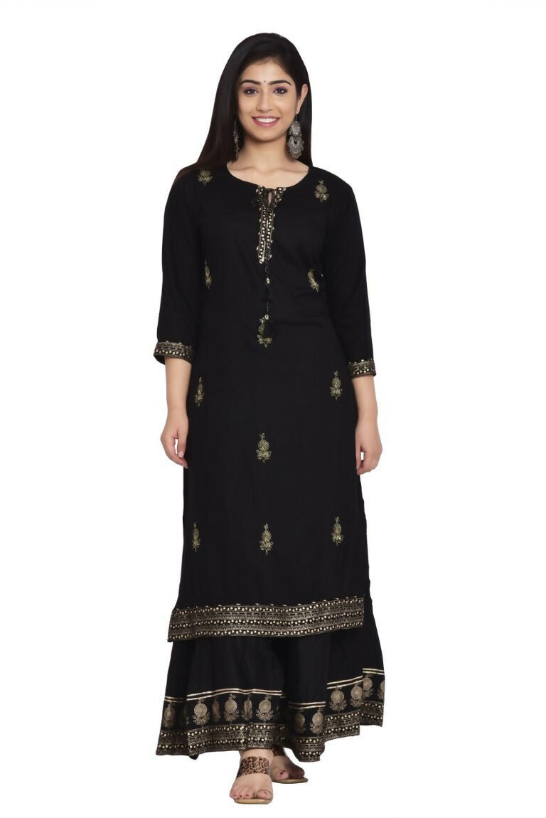 Alvano Women's Gold Zari Print Kurti with Palazzo and Dupatta set Rayon - Distacart