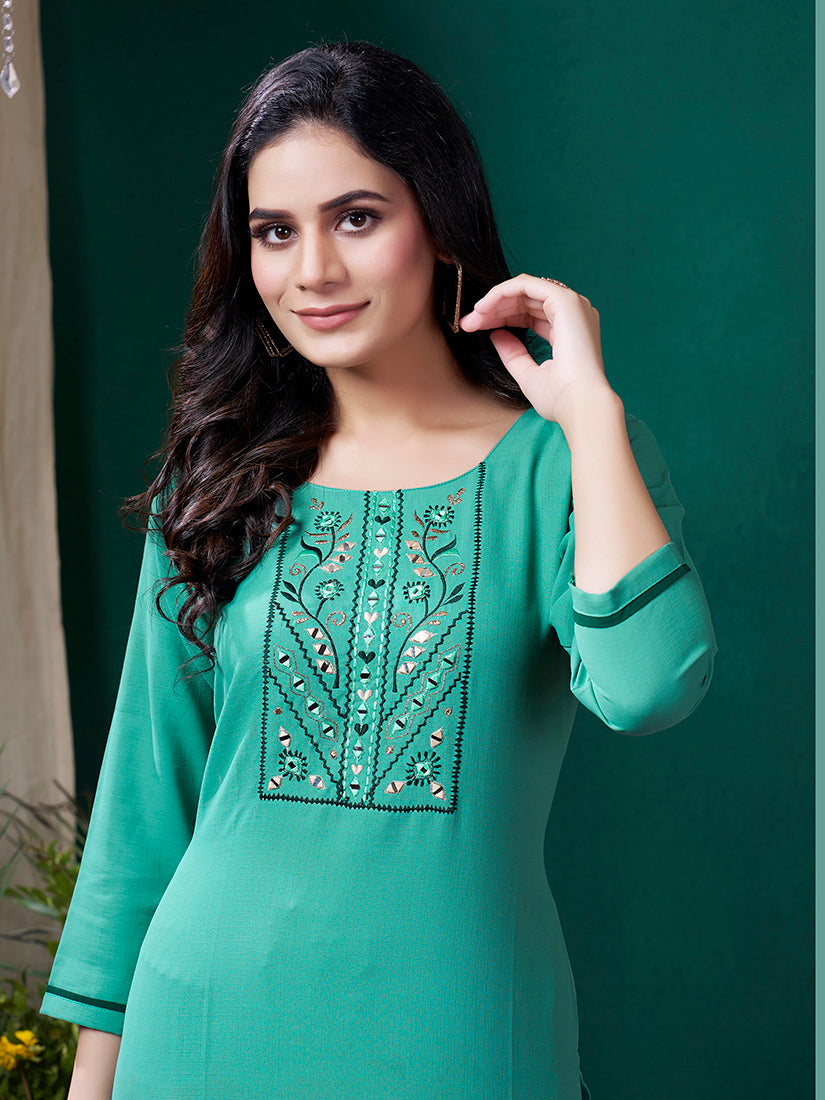 Monjolika Fashion Sky Blue Maaza Cotton Hand Work With Pocket Casual Kurti