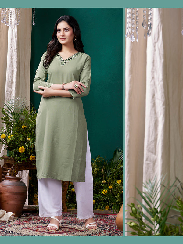 Monjolika Fashion Sage Green Maaza Cotton Hand Work With Pocket Casual Kurti