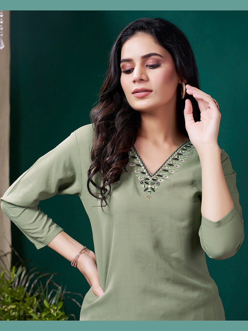 Monjolika Fashion Sage Green Maaza Cotton Hand Work With Pocket Casual Kurti