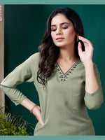 Thumbnail for Monjolika Fashion Sage Green Maaza Cotton Hand Work With Pocket Casual Kurti