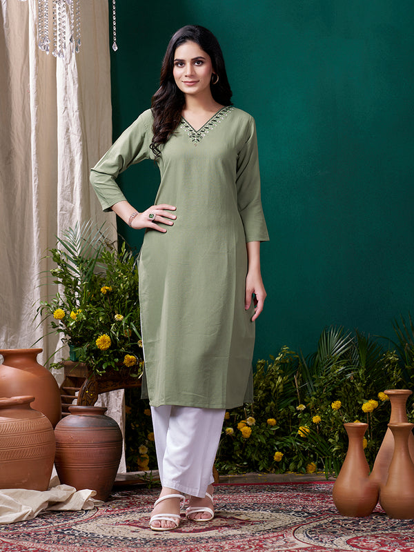 Monjolika Fashion Sage Green Maaza Cotton Hand Work With Pocket Casual Kurti