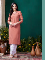 Thumbnail for Monjolika Fashion Peach Maaza Cotton Hand Work With Pocket Casual Kurti