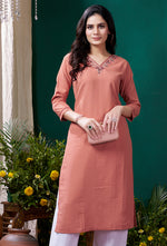 Thumbnail for Monjolika Fashion Peach Maaza Cotton Hand Work With Pocket Casual Kurti
