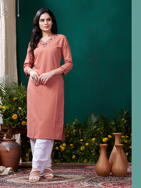 Monjolika Fashion Peach Maaza Cotton Hand Work With Pocket Casual Kurti