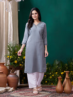 Thumbnail for Monjolika Fashion Grey Maaza Cotton Hand Work With Pocket Casual Kurti