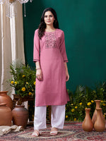 Thumbnail for Monjolika Fashion Light Pink Maaza Cotton Hand Work With Pocket Casual Kurti