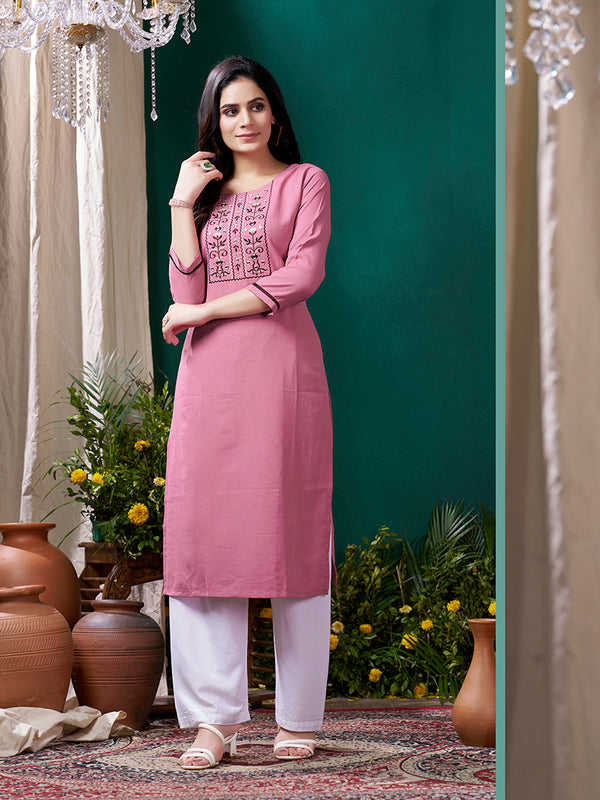Monjolika Fashion Light Pink Maaza Cotton Hand Work With Pocket Casual Kurti