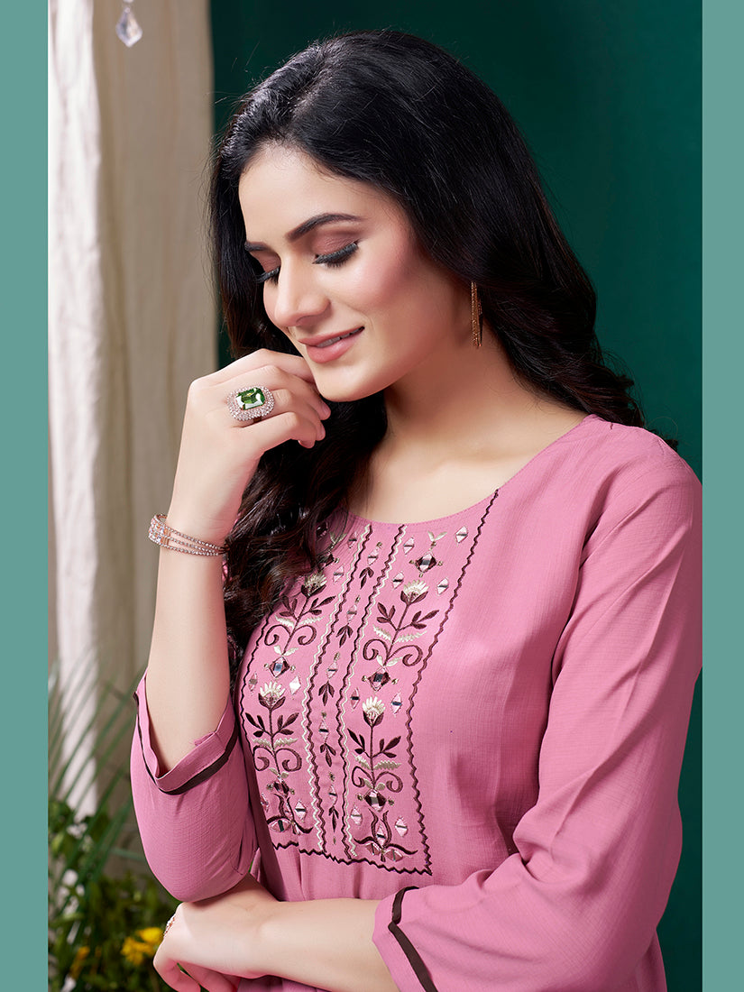 Monjolika Fashion Light Pink Maaza Cotton Hand Work With Pocket Casual Kurti