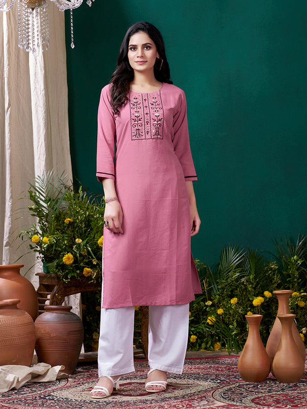 Monjolika Fashion Light Pink Maaza Cotton Hand Work With Pocket Casual Kurti