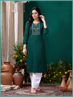 Thumbnail for Monjolika Fashion Dark Green Maaza Cotton Hand Work With Pocket Casual Kurti