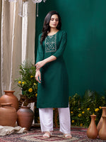 Thumbnail for Monjolika Fashion Dark Green Maaza Cotton Hand Work With Pocket Casual Kurti