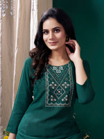 Thumbnail for Monjolika Fashion Dark Green Maaza Cotton Hand Work With Pocket Casual Kurti