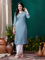 Thumbnail for Monjolika Fashion Light Blue Maaza Cotton Hand Work With Pocket Casual Kurti