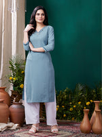 Thumbnail for Monjolika Fashion Light Blue Maaza Cotton Hand Work With Pocket Casual Kurti
