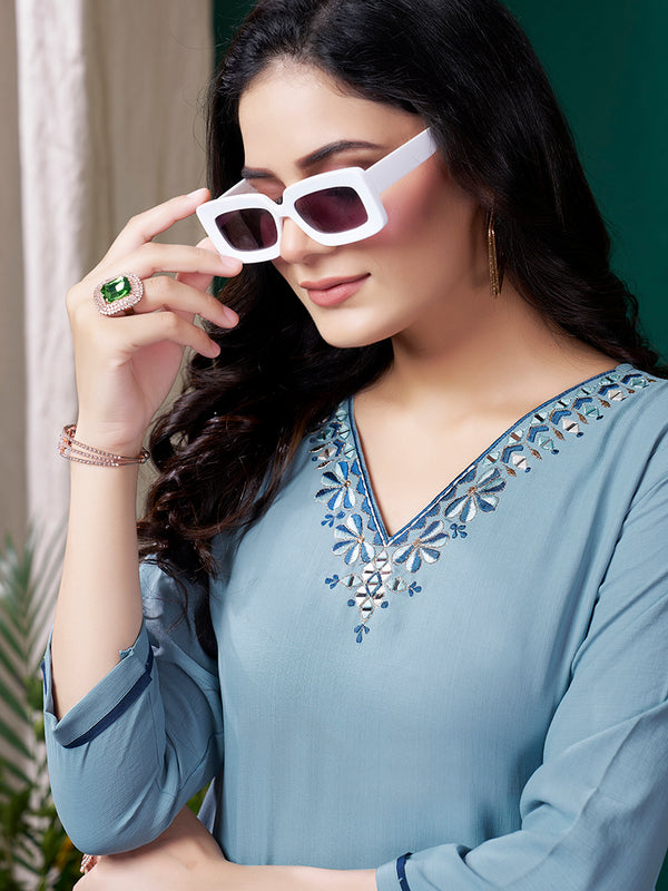 Monjolika Fashion Light Blue Maaza Cotton Hand Work With Pocket Casual Kurti
