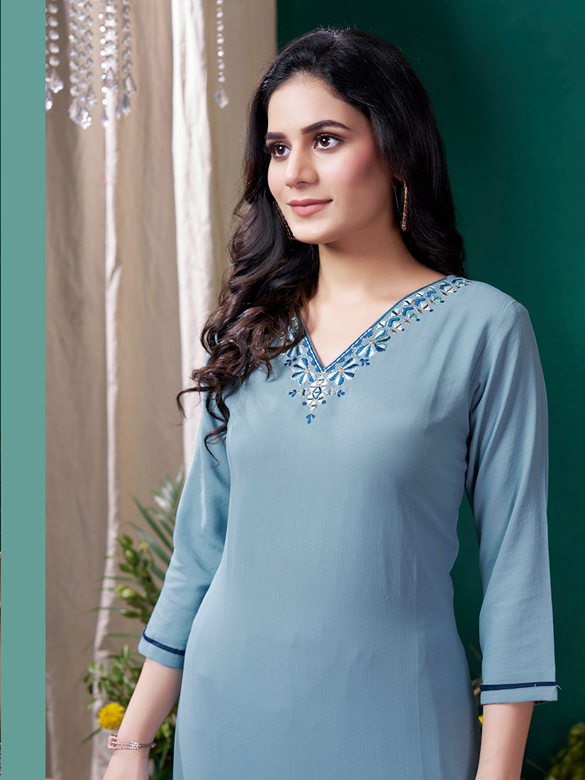 Monjolika Fashion Light Blue Maaza Cotton Hand Work With Pocket Casual Kurti