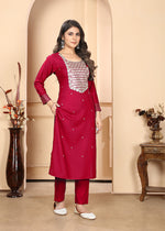 Thumbnail for Monjolika Fashion Red Premium Rayon Heavy Sequence Embroidery Kurtis Pant Pair