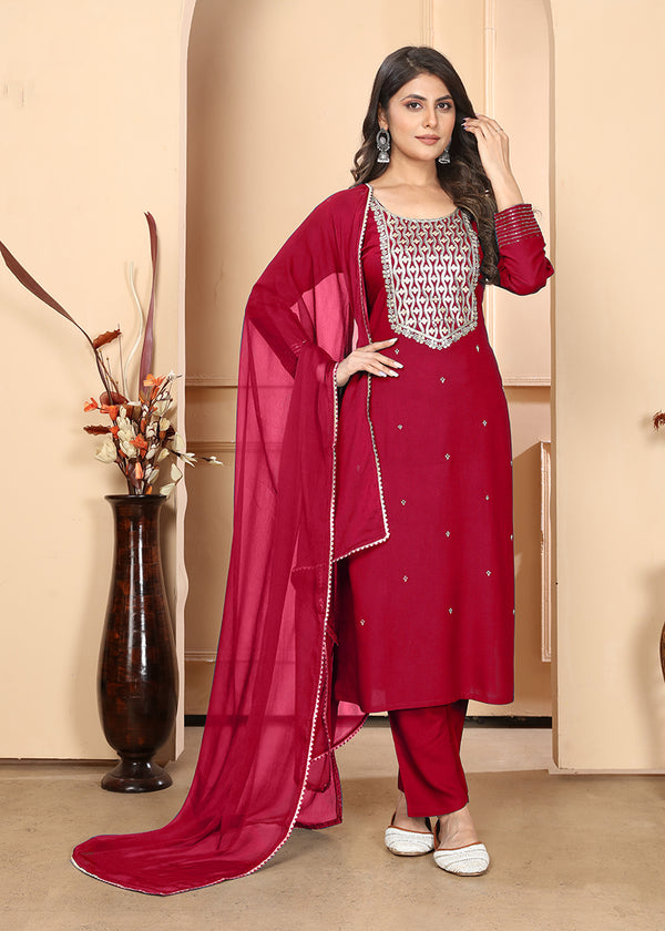 Monjolika Fashion Red Premium Rayon Heavy Sequence Embroidery Kurtis Pant Pair
