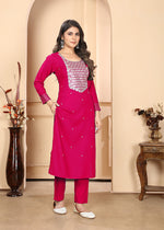 Thumbnail for Monjolika Fashion Dark Pink Premium Rayon Heavy Sequence Embroidery Kurtis Pant Pair