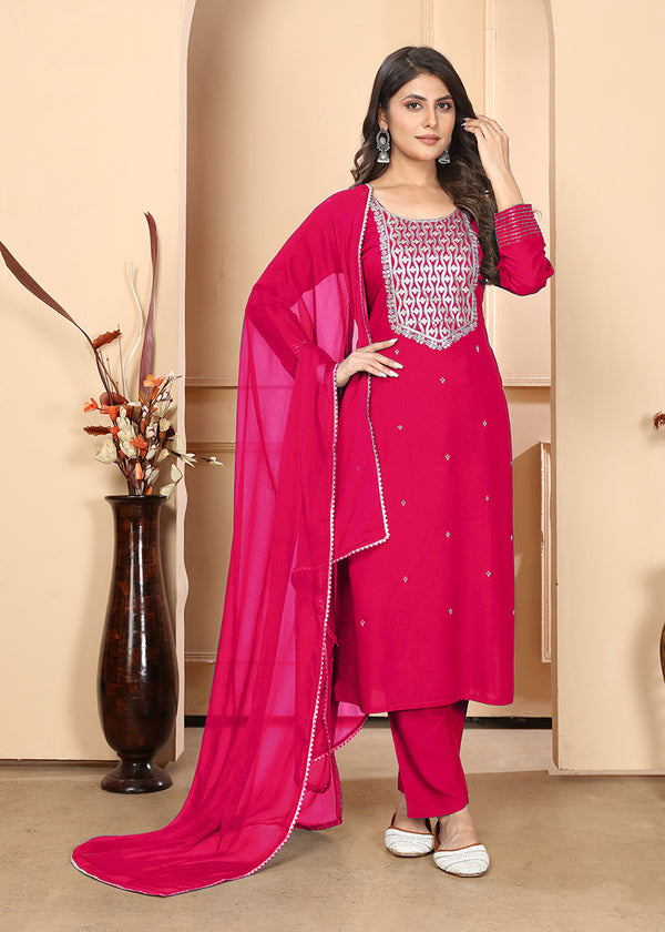 Monjolika Fashion Dark Pink Premium Rayon Heavy Sequence Embroidery Kurtis Pant Pair
