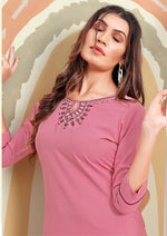 Thumbnail for Monjolika Fashion Light Pink Maaza Cotton Hand Work With Pocket Kurti
